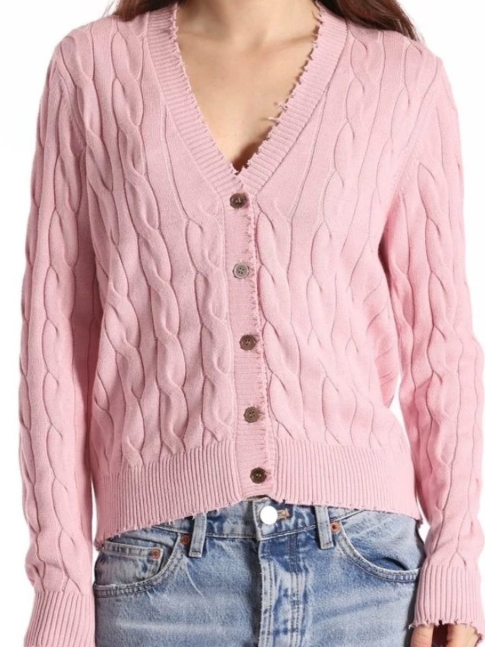 Minnie Rose Frayed V-Neck Cable Knit Cotton Cardigan size M - NWOT